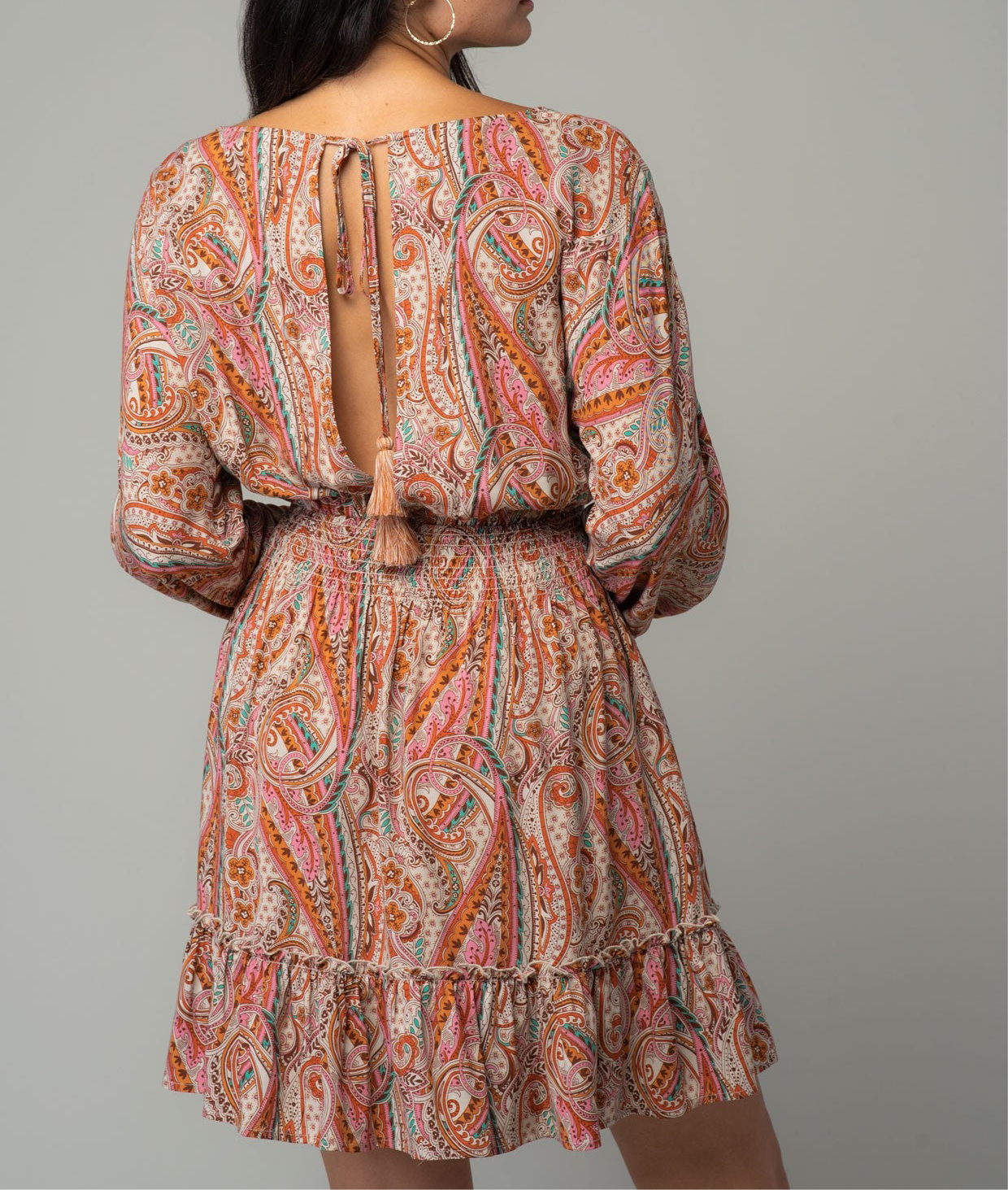 Long Sleeve Smocked Tie Back Mini Dress