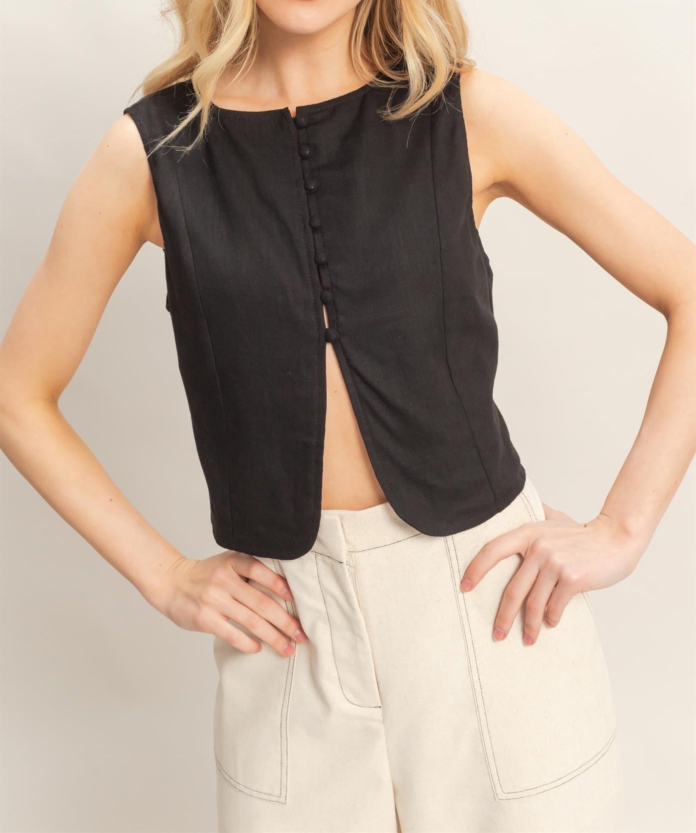 sleeveless front button top