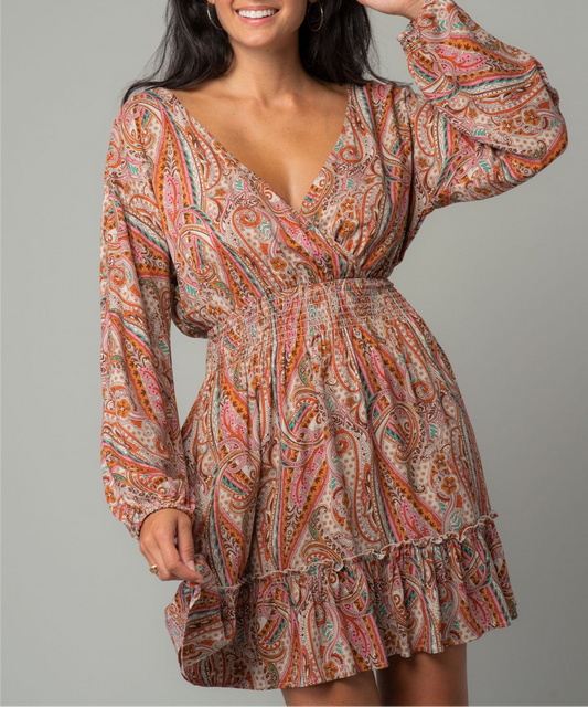 Long Sleeve Smocked Tie Back Mini Dress