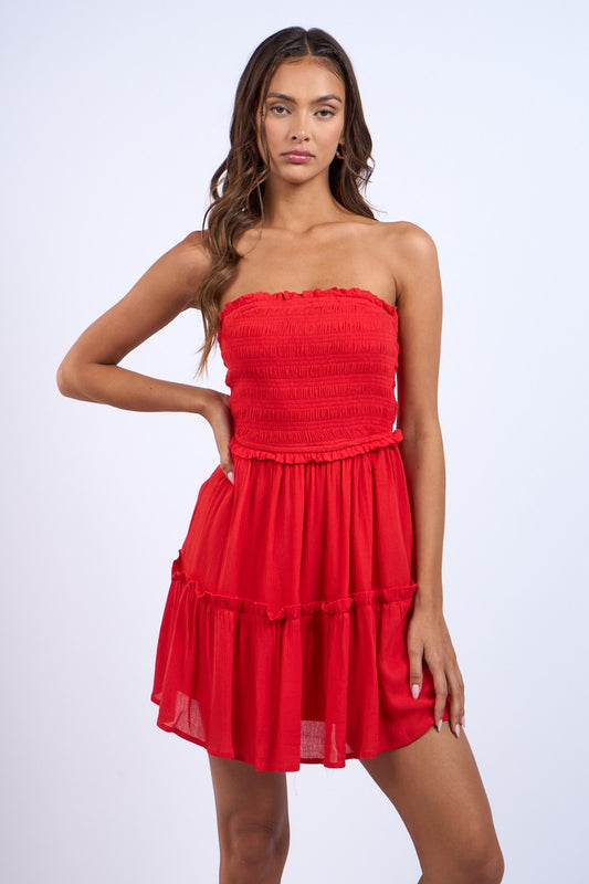 Strapless Back Tie Ruffle Dress