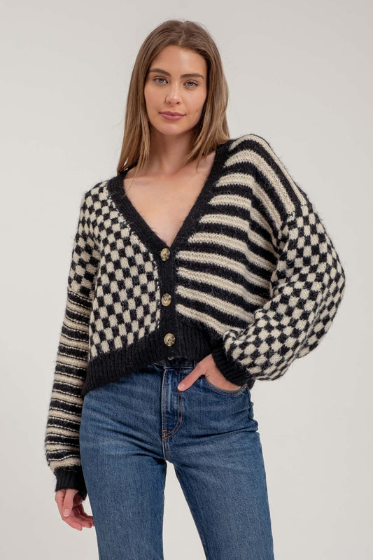 Checkered Stripe Drop Shoulder Cardigan