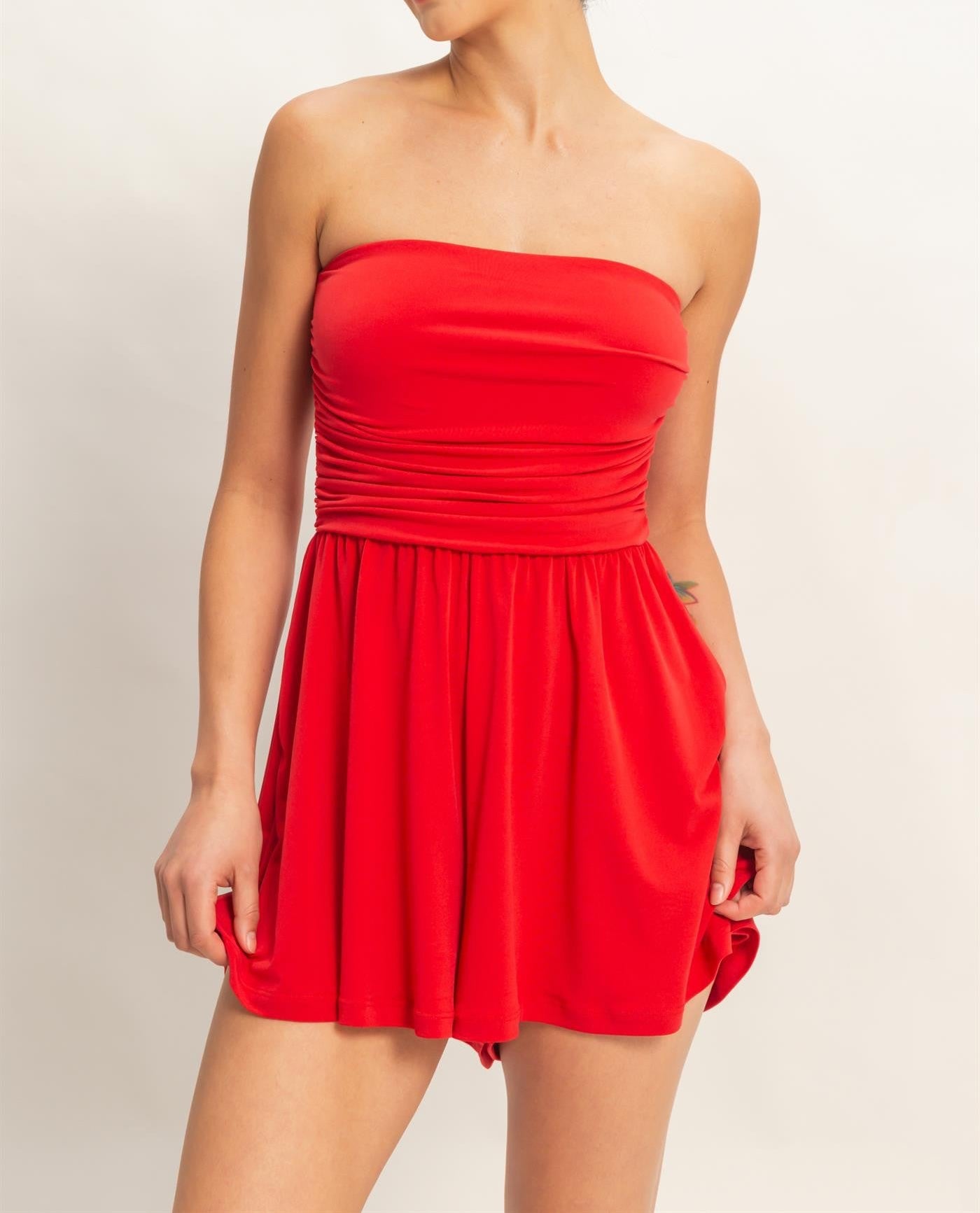 strapless shirred romper