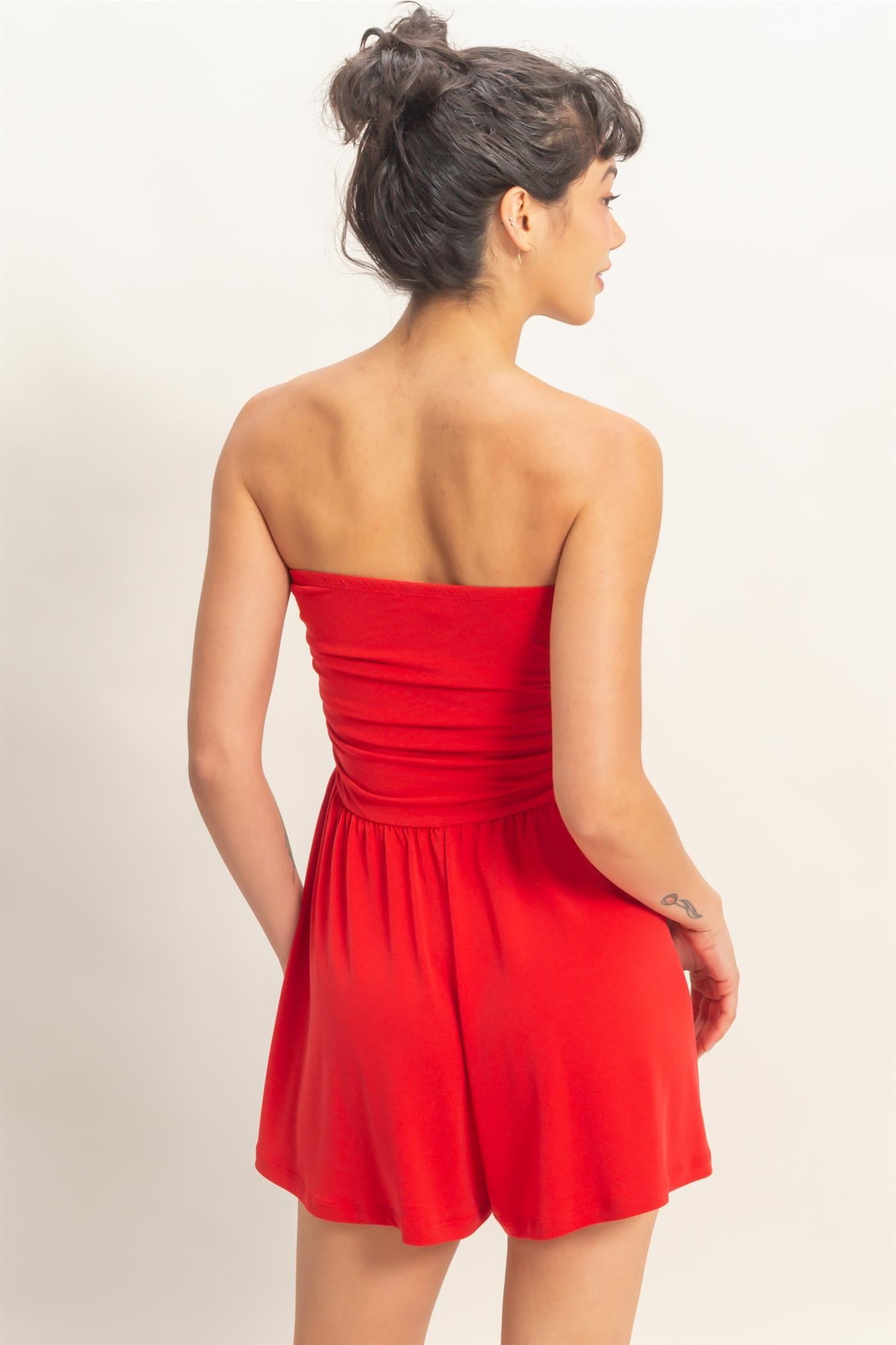 strapless shirred romper