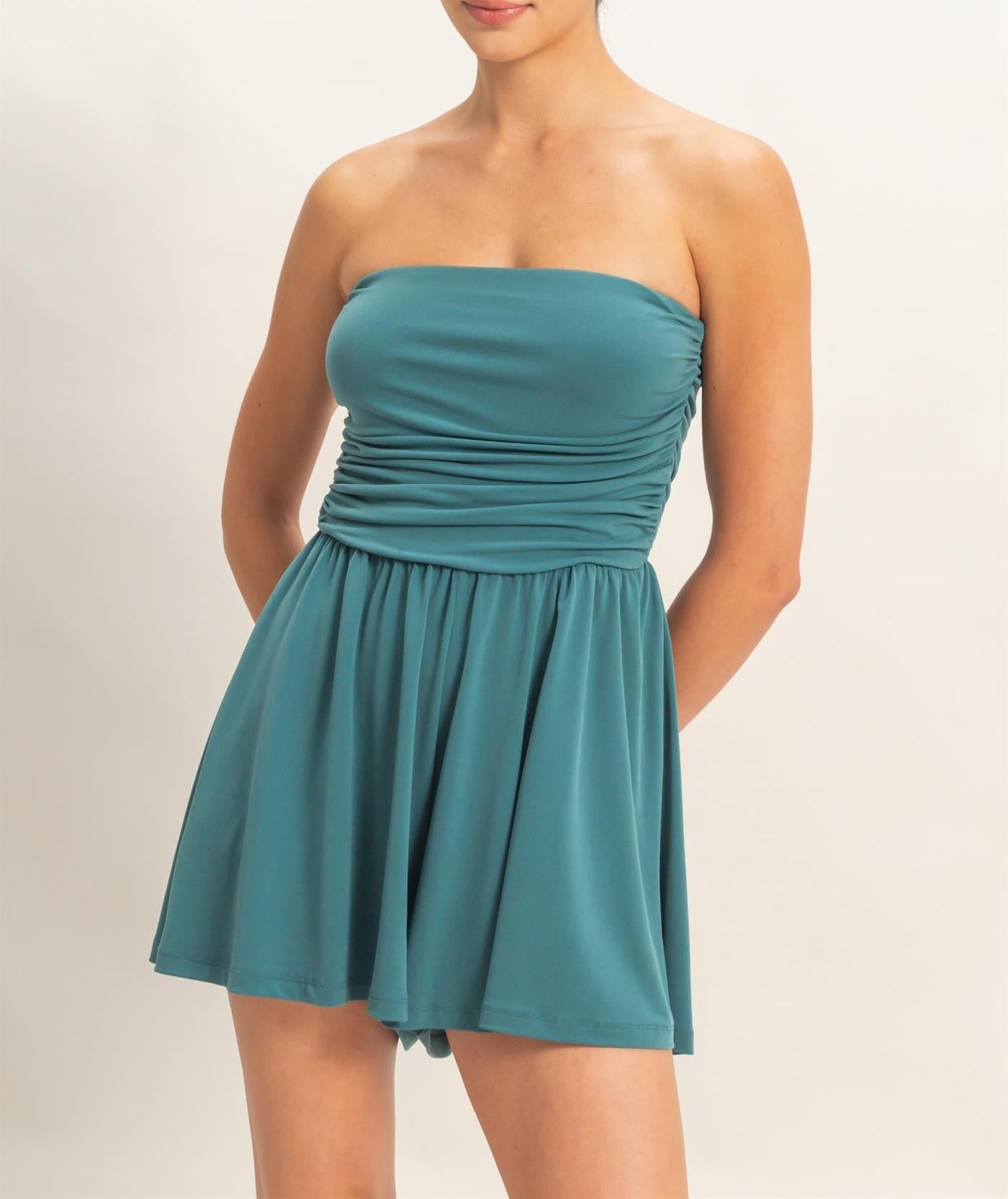 strapless shirred romper