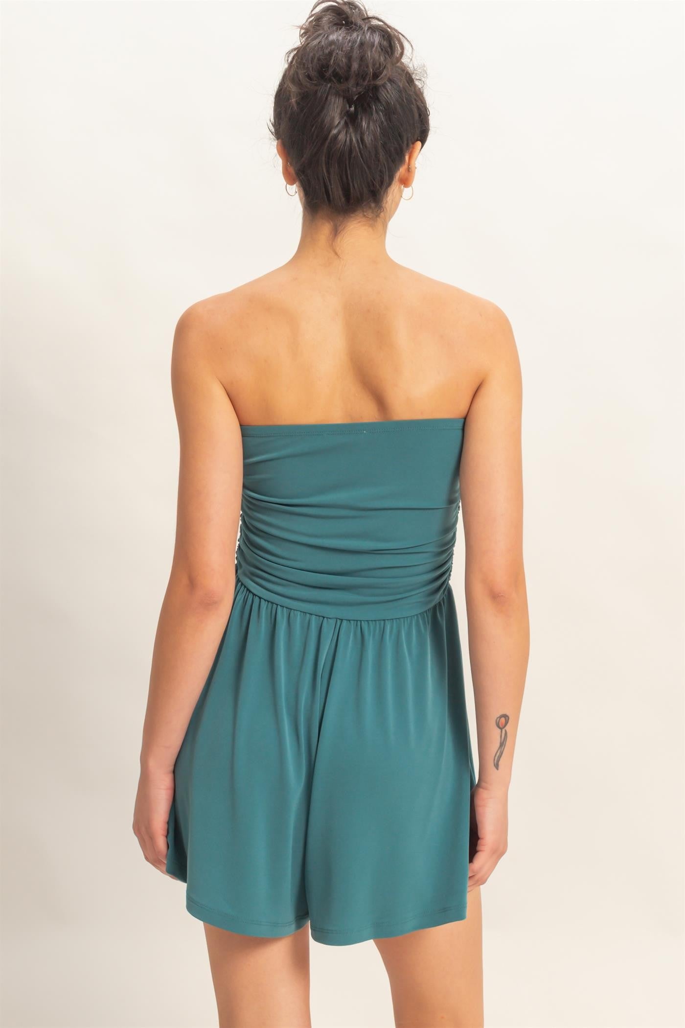 strapless shirred romper